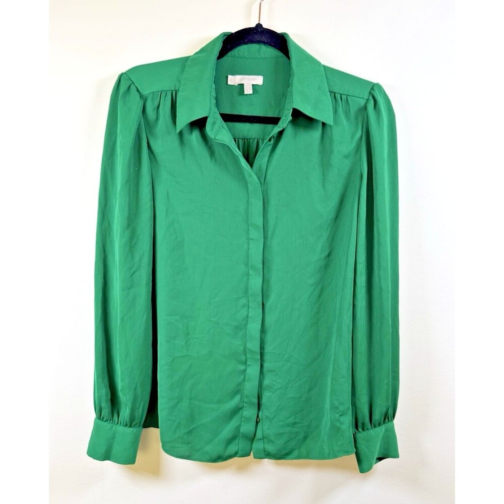 Hobbs London Womens Green Solid Collared Long Sleeve Button-Up Blouse - 6